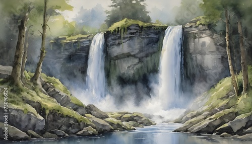 Watercolor Painting of a Majestic Waterfall Cascading Down Moss Covered Rocks