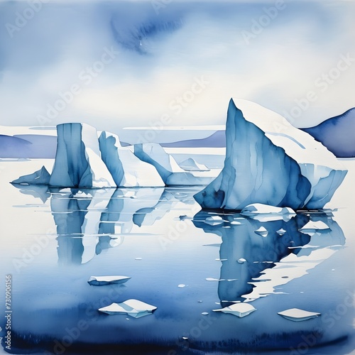 Watercolor Painting: Minimalist Arctic Landscape with Icebergs Floating in a Calm, Icy Sea
