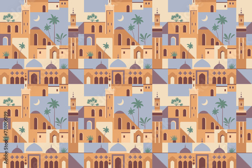 Abstract vector Middle Eastern town pattern. Seamless geometric Palestine pattern. Morocco Islamic cityscape repeat 32 inches high. Mosque, stairs, houses, palm trees. Ramadan travel seamless pattern