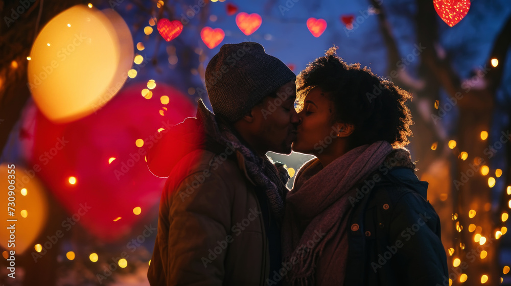 American African couple kissing on background of bokeh of hearts. Romantic night. Love engagement concept. Generative AI American African couple kissing on background of bokeh of hearts. Romantic night. Love engagement concept. Generative AI