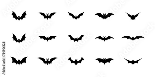 Halloween bat silhouette set isolated on white background. Spooky black horror bat graphic. Vector illustration