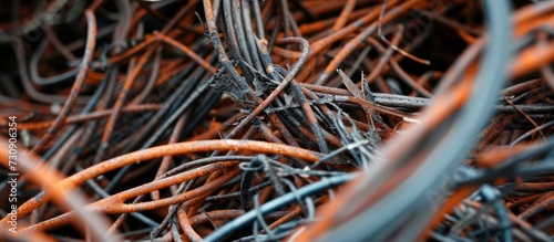 Recycling black and white copper wire scrap includes non-ferrous metals like beryllium copper wire, bare bright electrical wiring, and bright shiny copper wires. photo