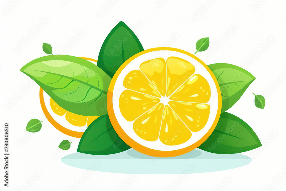 Fresh Citrus Slice on Green Leaf: A Vibrant and Juicy Lemon and Orange Illustration on a Tropical Yellow Background. Fresh Citrus Slice on Green Leaf: A Vibrant and Juicy Lemon and Orange Illustration on a Tropical Yellow Background.