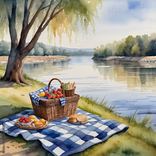 Watercolor Painting: Peaceful Riverside Picnic with a Checkered Blanket and Wicker Basket