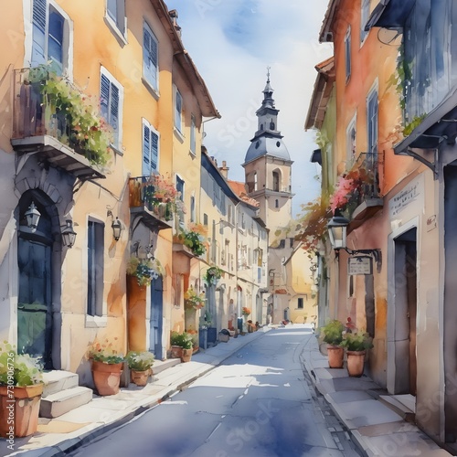 Watercolor Painting of a Quaint European Street Lined with Colorful Buildings