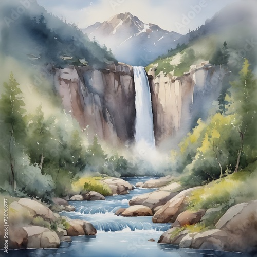 Watercolor Painting: Serene Mountain Landscape with a Cascading Waterfall
