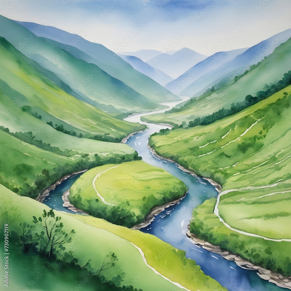 Watercolor Painting: A Simple River Winding through a Lush Green Valley
