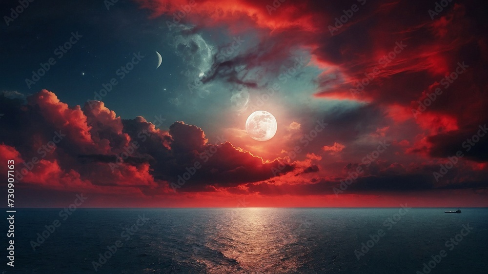 A red moon illuminating a tranquil sea, with reflections of light on the water