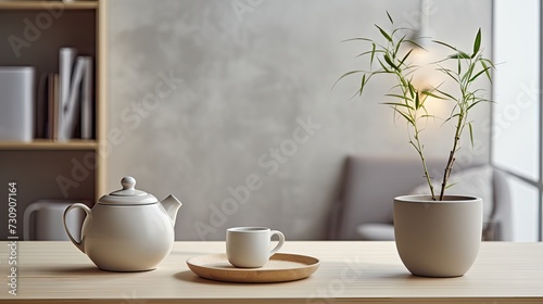 A teapot and an elegant ceramic cup in a hygge style living space, combining comfort and modern aesthetics.