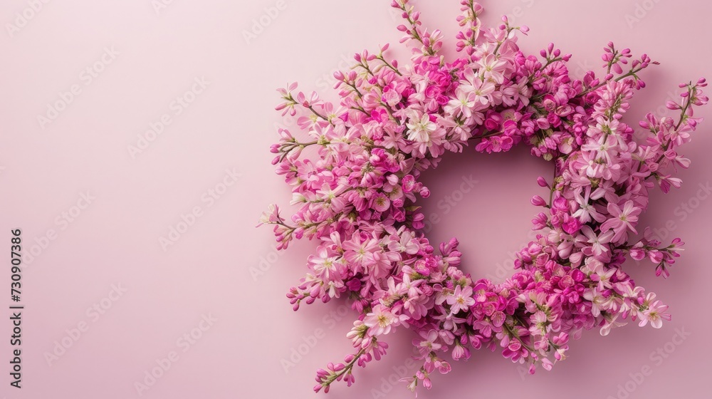 Flowers composition. Wreath made of pink flowers on pink background. Flat lay, top view, copy space