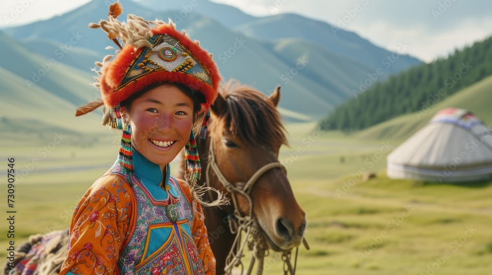 Close-up of a young Mongolian woman in traditional clothing.