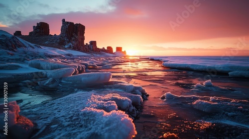 ancient allure of an Arctic tundra landscape at sunset, featuring icy expanses and the silhouette of ancient structures against the twilight photo