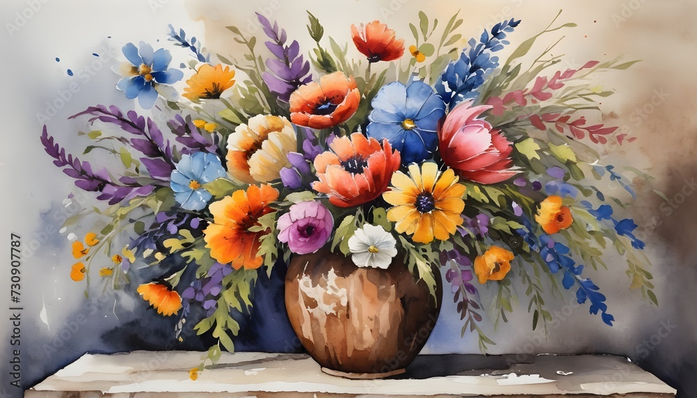 Watercolor Painting of a Vibrant Bouquet of Assorted Flowers in a Rustic Vase