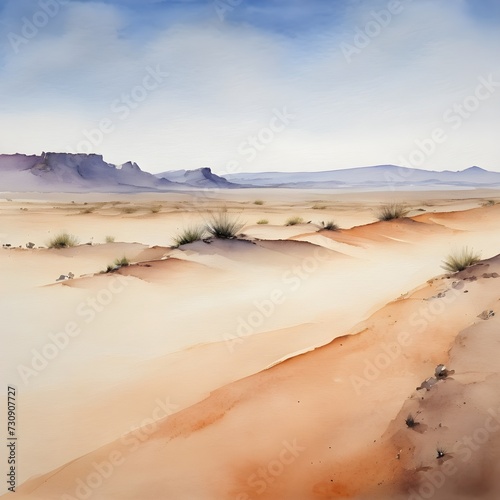 Watercolor Painting: A Vast Desert Landscape with a Simple Horizon Line and Soft Pastel Colors