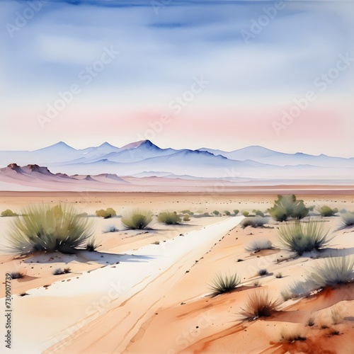 Watercolor Painting  Vast Desert Landscape with a Simple Horizon Line and Soft Pastel Colors