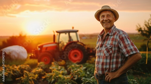Smiling farmer standing next to tractor at sunset