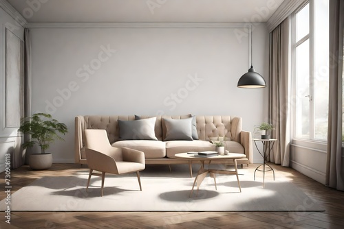 A 3D rendering capturing the essence of a minimalist living room, featuring a stylish chair and table against a subtle backdrop, perfect for contemporary living.