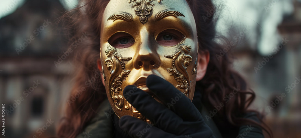 Mysterious woman in a luxurious golden masquerade mask with intricate designs, embodying elegance and intrigue.
