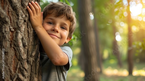 young boy hugging a tree