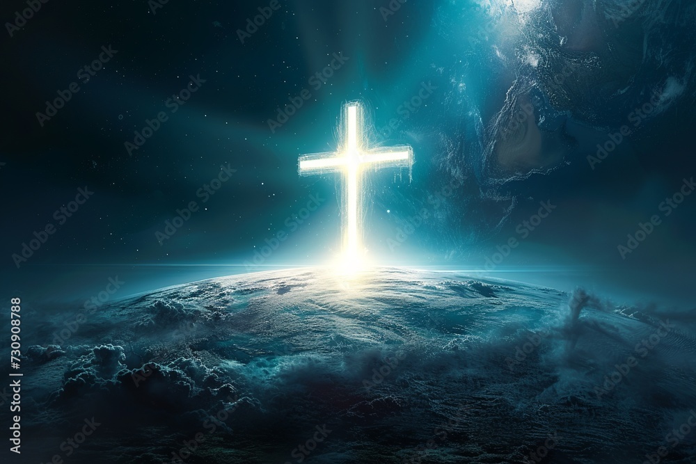 Fototapeta premium The Cross of Jesus Christ stands superimposed on an Earth globe, with rays of light on a white background, symbolizing the worldwide mission to spread the word.