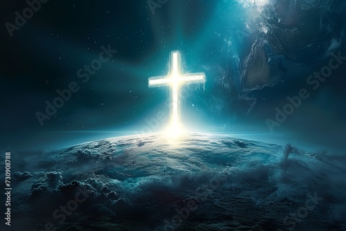 The Cross of Jesus Christ stands superimposed on an Earth globe, with rays of light on a white background, symbolizing the worldwide mission to spread the word.