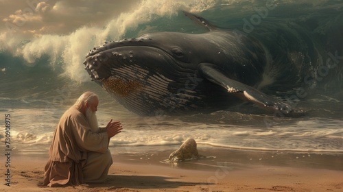 The Old Testament prophet Jonah was praying on the beach with whales visible in the ocean behind him. photo