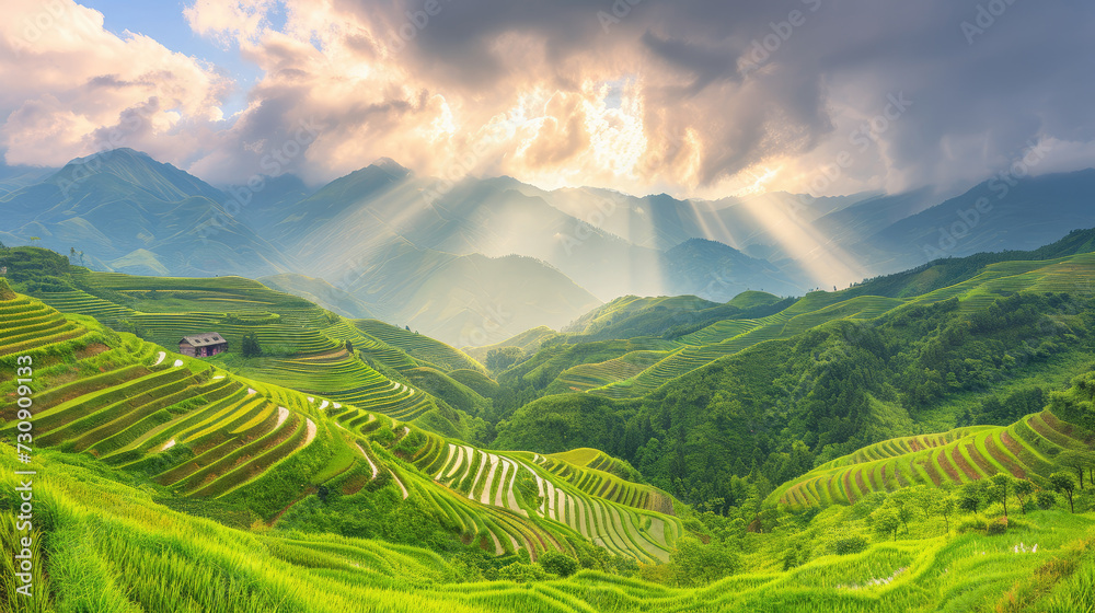 rice fields in the mountains in the sunlight
