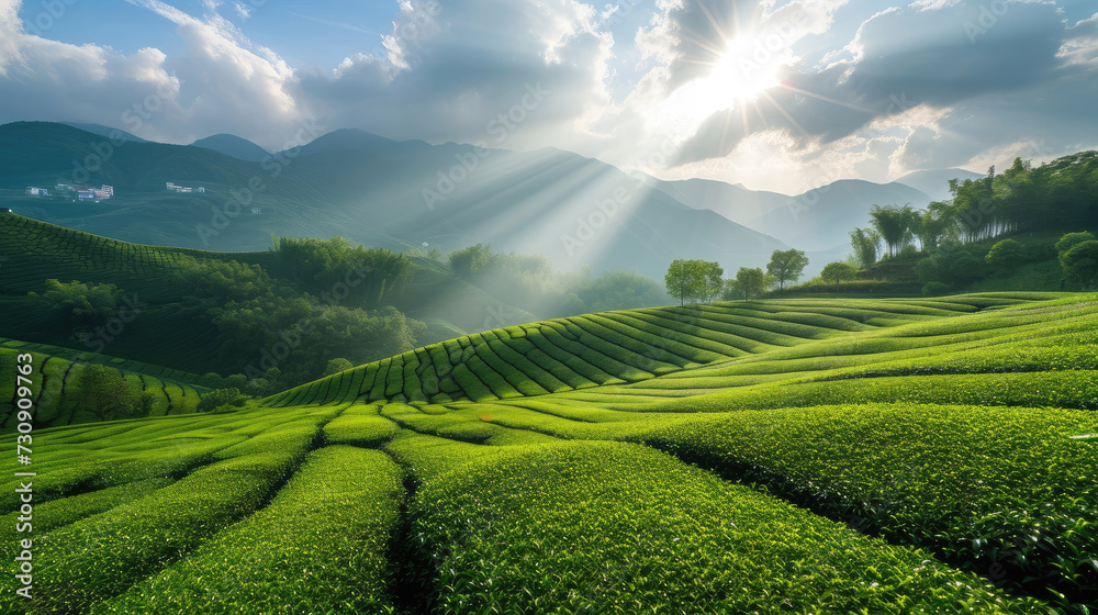 tea plantation in the mountains under the sun