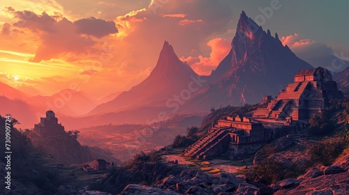 Ancient Central volcano landscape at sunset featuring ancient ruins and the silhouette of towering peaks