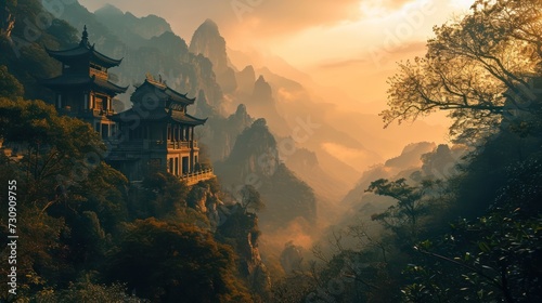 Ancient Chinese mountain landscape at sunset featuring mist-shrouded peaks and traditional pagodas in the fading light photo