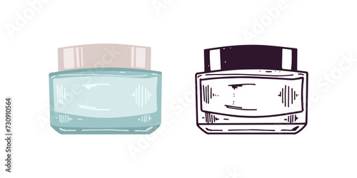 Hand-drawn glass jar with cream, beauty cosmetic element, self care. Illustration for beauty salon, cosmetic store. Colored flat style and black doodle style.