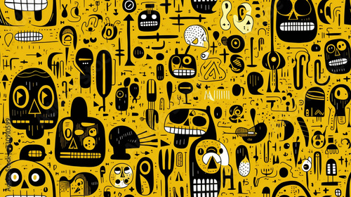 Seamless repetitive pattern abstract illustration of mexican skulls figures. Day of the dead. Wallpaper. Background.