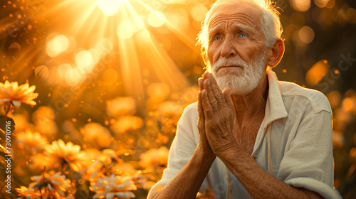 Elderly man of faith worn out and tired by lifes struggles and difficulties praying to God Generative AI Illustration photo