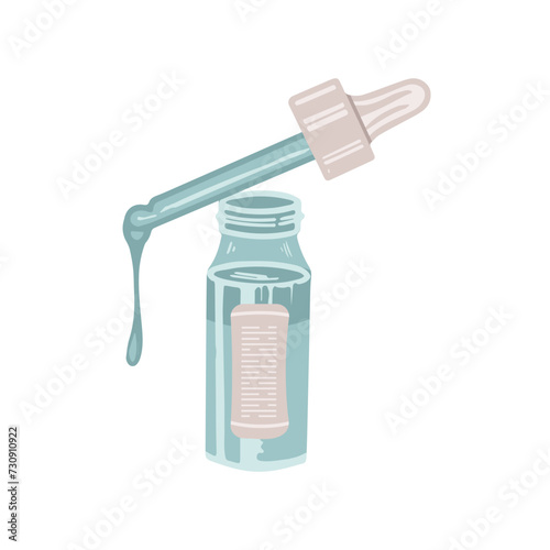 Hand-drawn serum bottle with pipette, beauty cosmetic element, self care. Illustration for beauty salon, cosmetic store, makeup design. Colored flat style.