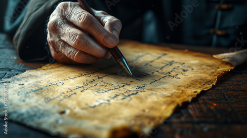 Hand of an elderly man writing on an old manuscript Generative AI Illustration photo
