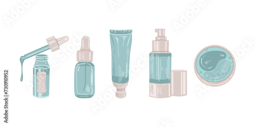 A set of hand-drawn colored sketches of cosmetics, beauty, self-care elements. Illustration for beauty salon, cosmetic store, makeup design. Engraved image.