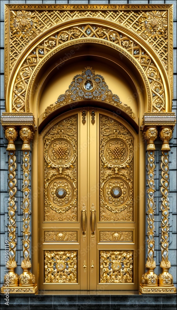 Background of a golden door made of pure solid gold in a luxurious environment Generative AI Illustration