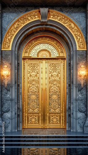 Background of a golden door made of pure solid gold in a luxurious environment Generative AI Illustration