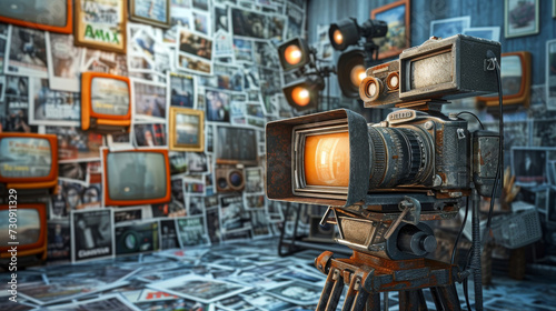 Video recording studio with camcorders and radio television decoration walls Generative AI Illustration photo
