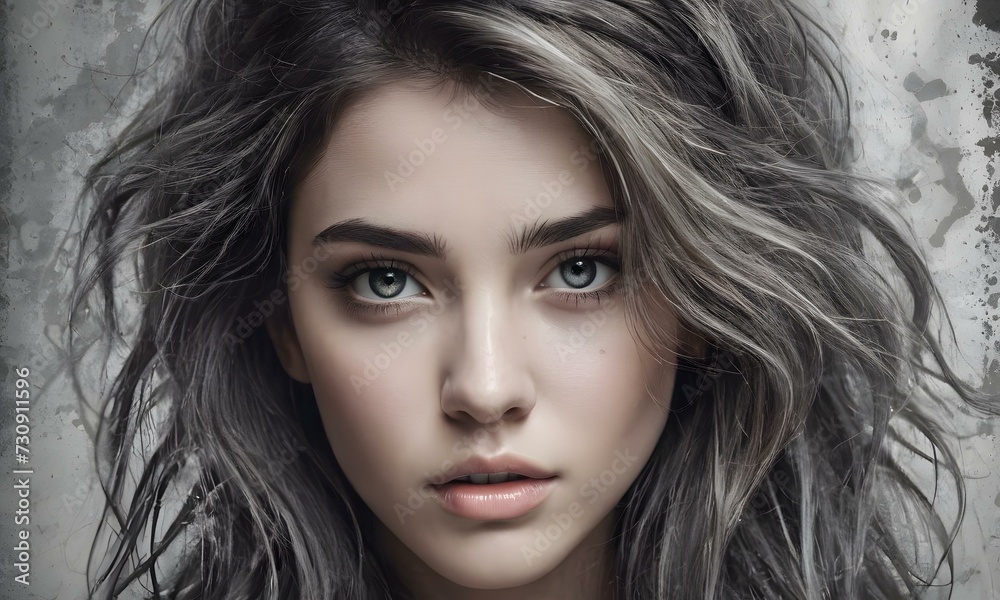Beautiful girl with curly hair and engaging look on a worn gray background