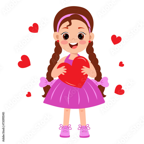 Vector image of a cartoon little girl with pigtails with a Valentine card