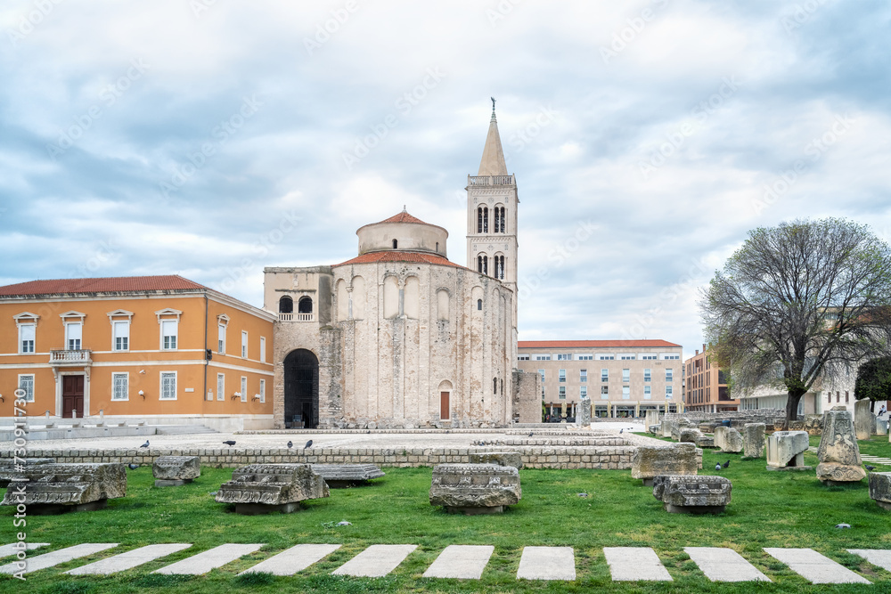 Amazing view with the beautiful old architecture of St. Donat church and Cathedral of St. Anastasia bell tower  in the old town of Zadar on the coast of the Adriatic Sea, Croatia.