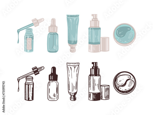 A set of hand-drawn colored flat and black doodle sketches of cosmetics, beauty, self-care elements. Illustration for beauty salon, cosmetic store, makeup design. Engraved image.