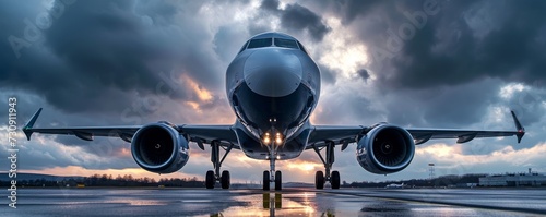 Aircraft airplain parked on the runway of airport at evening