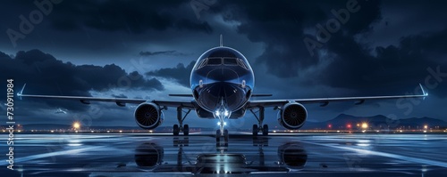 Aircraft airplain parked  on the runway of airport at evening