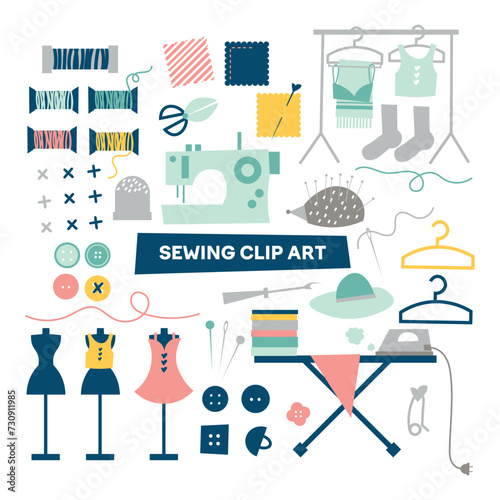 Sewing Elements Vector Design. Sewing clip art on white background. Set of Tailor and Sewing Tools Cute Sticker Illustration