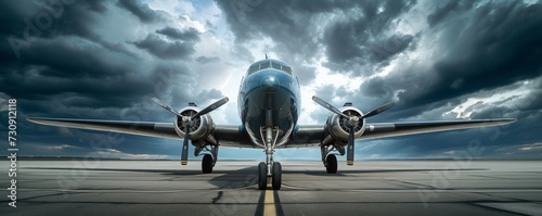 Aircraft airplain parked  on the runway of airport at evening