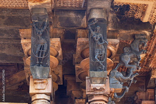 Sculptures of Black Madanika and Yali in Architecture of Kakatiya Rudreshwara Temple, Palampet, Warangal, Telangana, India... photo
