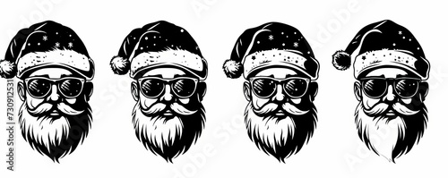 Holiday Christmas  santa claus symbol sticker  logo illustration - Collection set of black silhouette of cool hipster santa claus or nicholas with sunglasses, isolated on white, Generative AI  photo