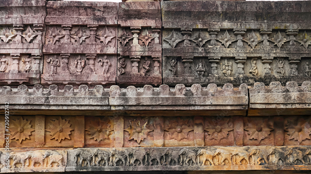 Carving of Panel of Flower and Musician on the Kota Gullu, Ghanpur, Warangal, Telangana, India...